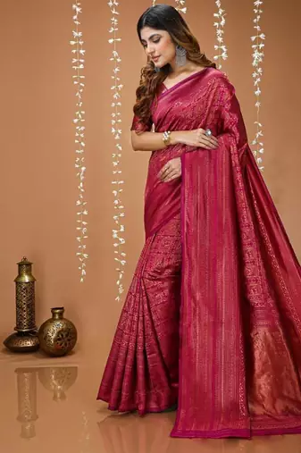 megenta silk blend zari woven women's saree with blouse