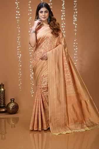 beige silk blend zari woven women's saree with blouse