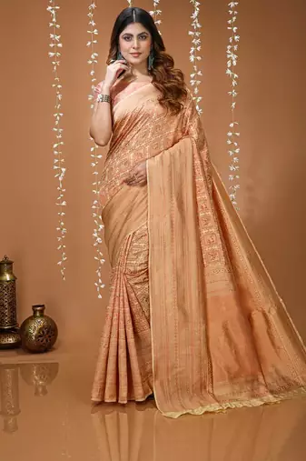 beige silk blend zari woven women's saree with blouse
