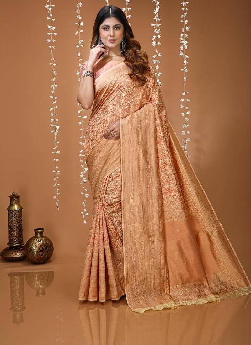 beige silk blend zari woven women's saree with blouse