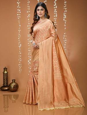 beige silk blend zari woven women's saree with blouse 2