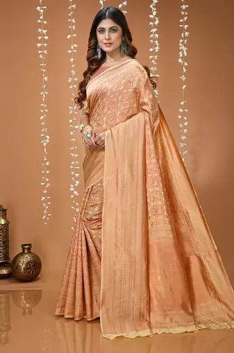 beige silk blend zari woven women's saree with blouse