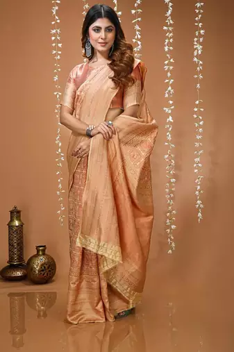 beige silk blend zari woven women's saree with blouse