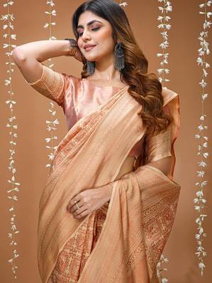 beige silk blend zari woven women's saree with blouse 5