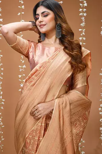beige silk blend zari woven women's saree with blouse
