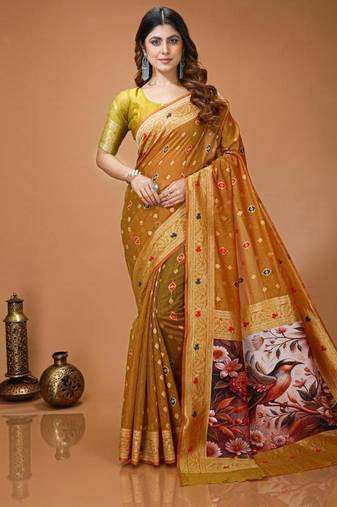 mustard silk blend zari woven sarees