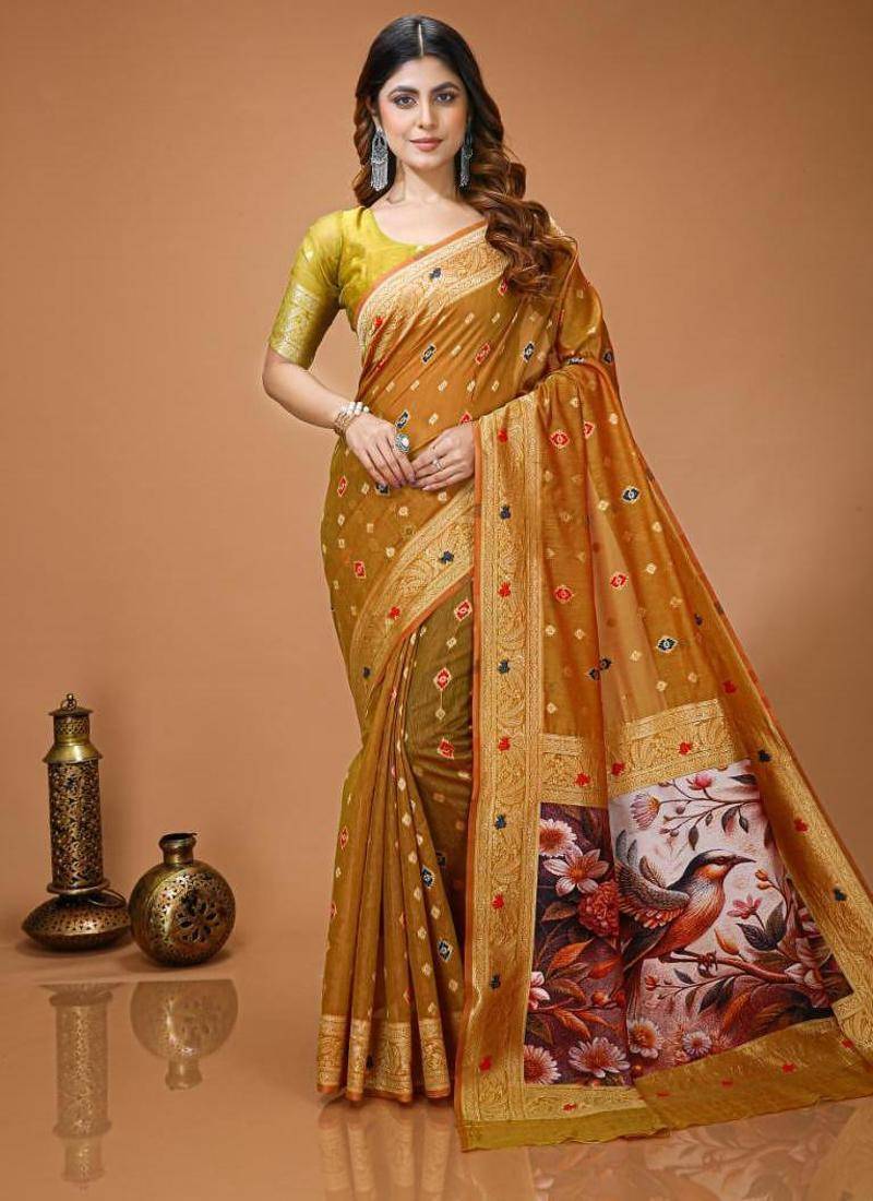 mustard silk blend zari woven sarees