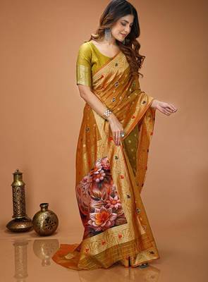 mustard silk blend zari woven sarees 4