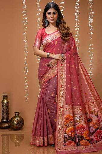 peach silk blend zari woven sarees