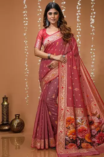 peach silk blend zari woven sarees