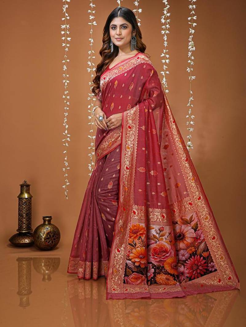 peach silk blend zari woven sarees
