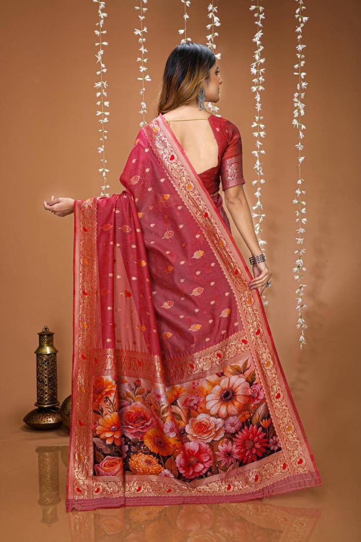 peach silk blend zari woven sarees