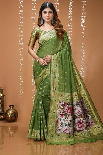 green silk blend zari woven sarees