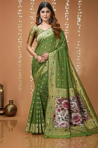 green silk blend zari woven sarees