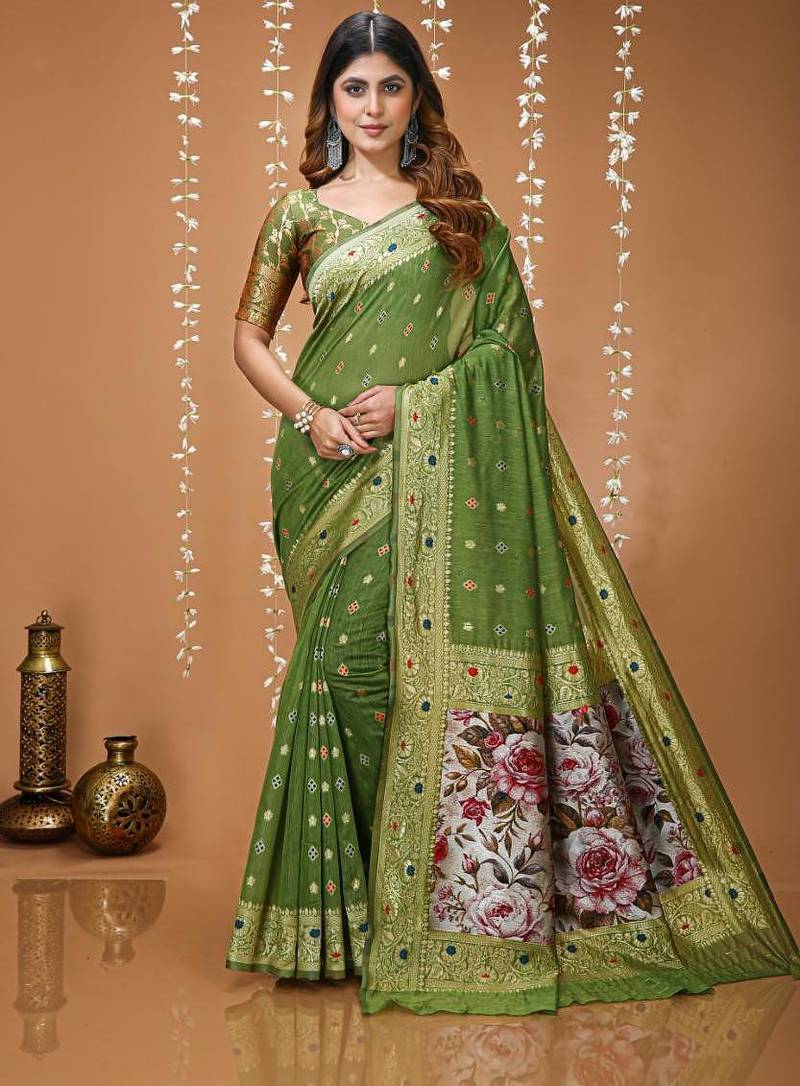 green silk blend zari woven sarees