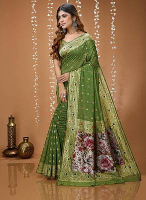 green silk blend zari woven sarees 2