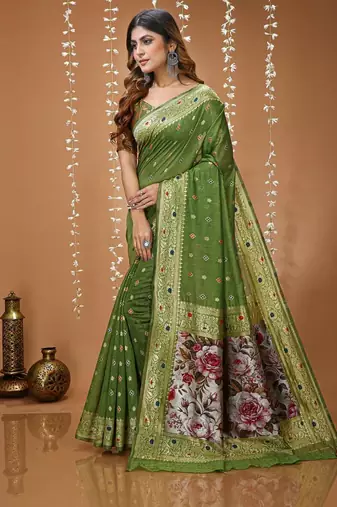 green silk blend zari woven sarees