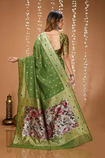 green silk blend zari woven sarees