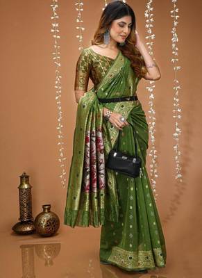green silk blend zari woven sarees 4
