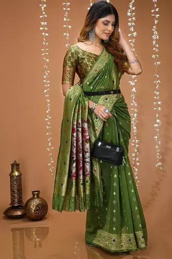 green silk blend zari woven sarees