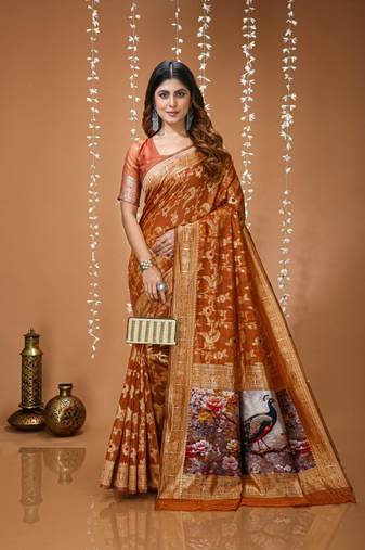 dark mustard silk blend zari woven sarees