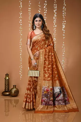 dark mustard silk blend zari woven sarees