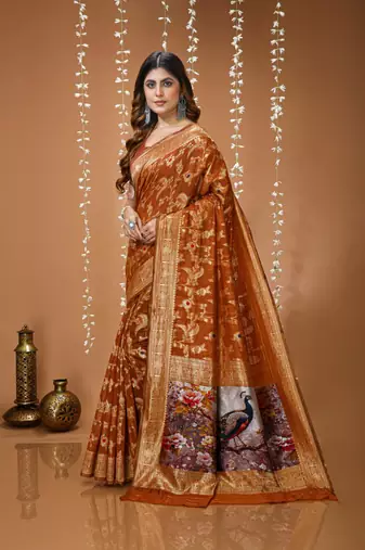 dark mustard silk blend zari woven sarees