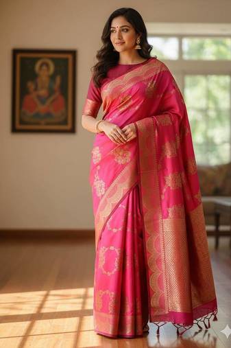 pink silk blend zari woven work sarees