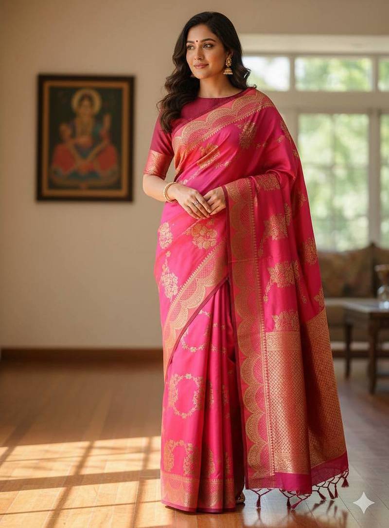 pink silk blend zari woven work sarees