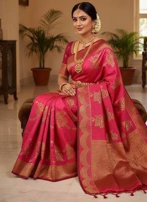 pink silk blend zari woven work sarees 2