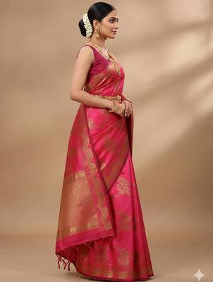 pink silk blend zari woven work sarees 3