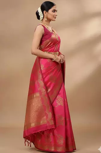pink silk blend zari woven work sarees