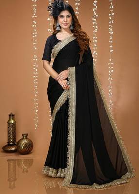 black georgette embroidered zari work border sarees 1