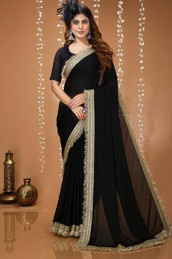 black georgette embroidered zari work border sarees
