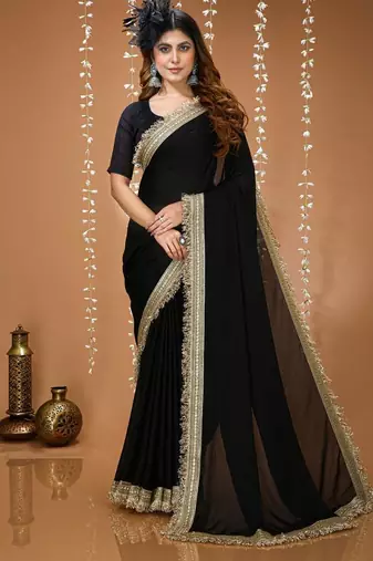 black georgette embroidered zari work border sarees