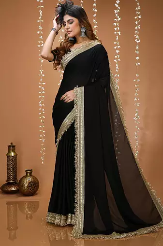 black georgette embroidered zari work border sarees