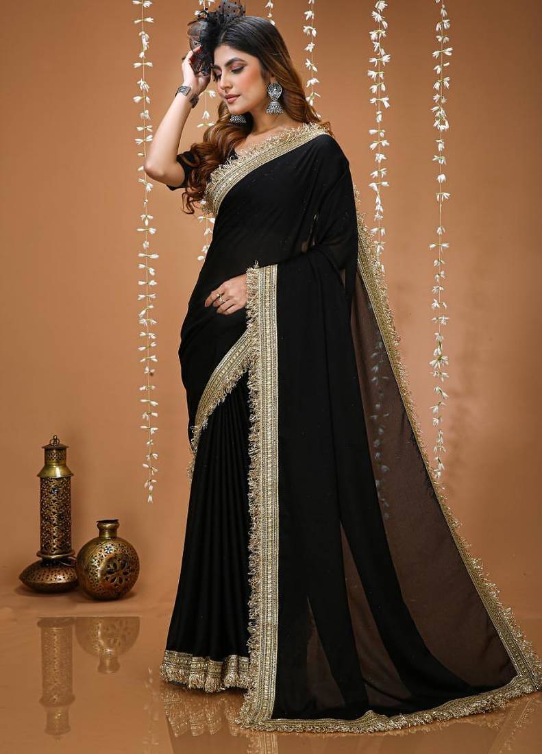 black georgette embroidered zari work border sarees