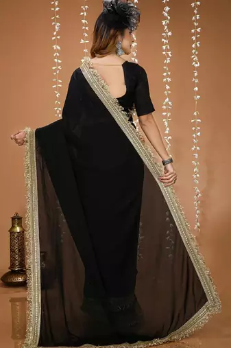 black georgette embroidered zari work border sarees