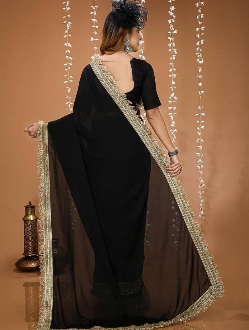 black georgette embroidered zari work border sarees