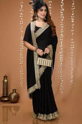 black georgette embroidered zari work border sarees
