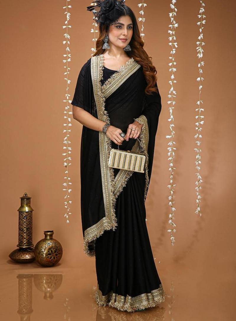 black georgette embroidered zari work border sarees