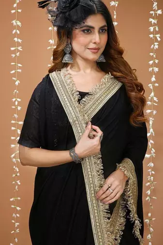 black georgette embroidered zari work border sarees