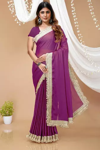 purple georgette embroidered zari work border sarees