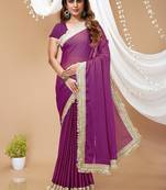 purple georgette embroidered zari work border sarees