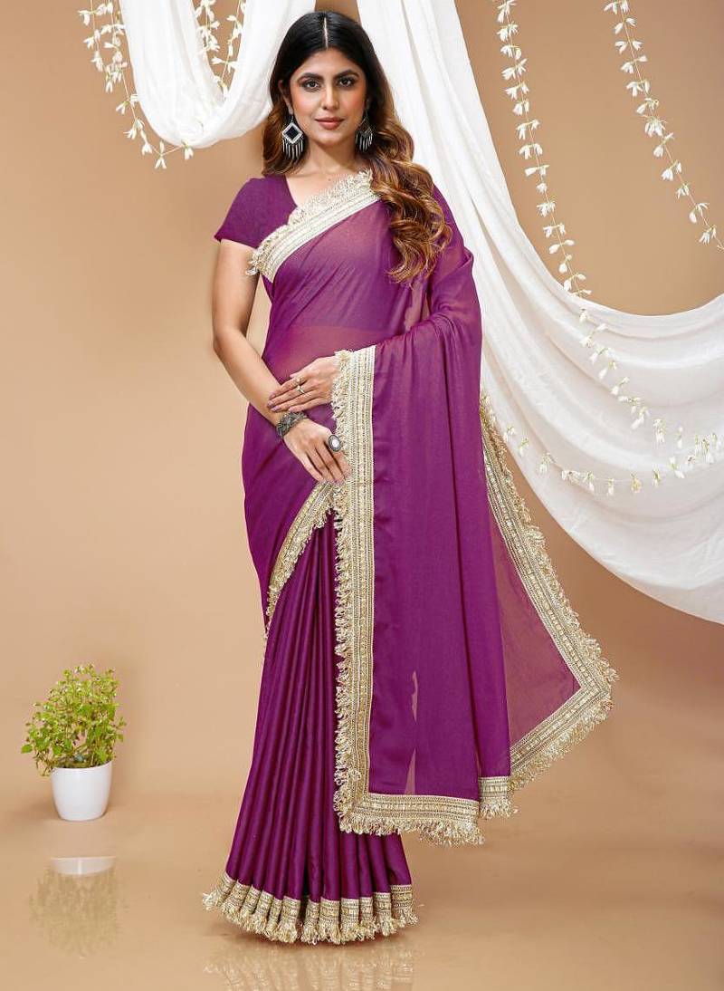 purple georgette embroidered zari work border sarees