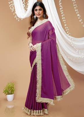 purple georgette embroidered zari work border sarees 2