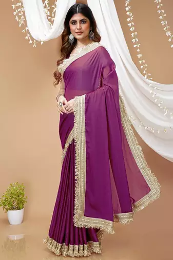purple georgette embroidered zari work border sarees