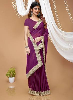 purple georgette embroidered zari work border sarees 3