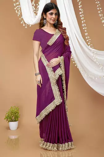 purple georgette embroidered zari work border sarees