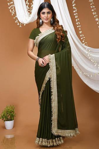 mehendi georgette embroidered zari work border sarees